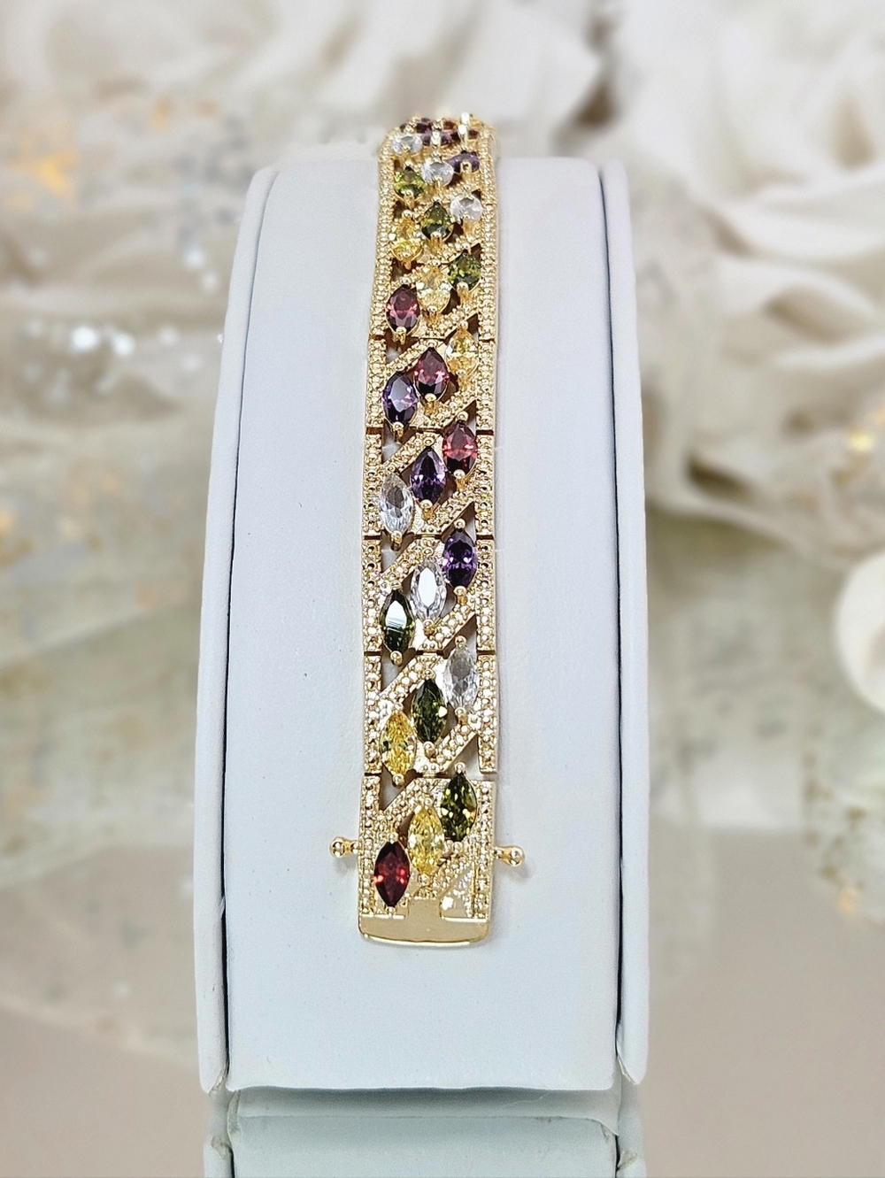 Savvy Cie Jewels Bracelet Multi CZ Gemstone 18k Gold Plated Marquise Link
